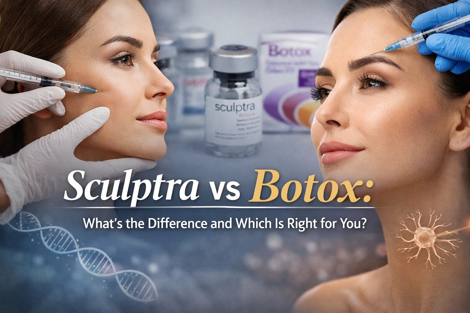Horizontal image comparing Sculptra and Botox treatments, showing cosmetic injections in the cheek and forehead with overlay text reading “Sculptra vs Botox: What’s the Difference and Which Is Right for You?”