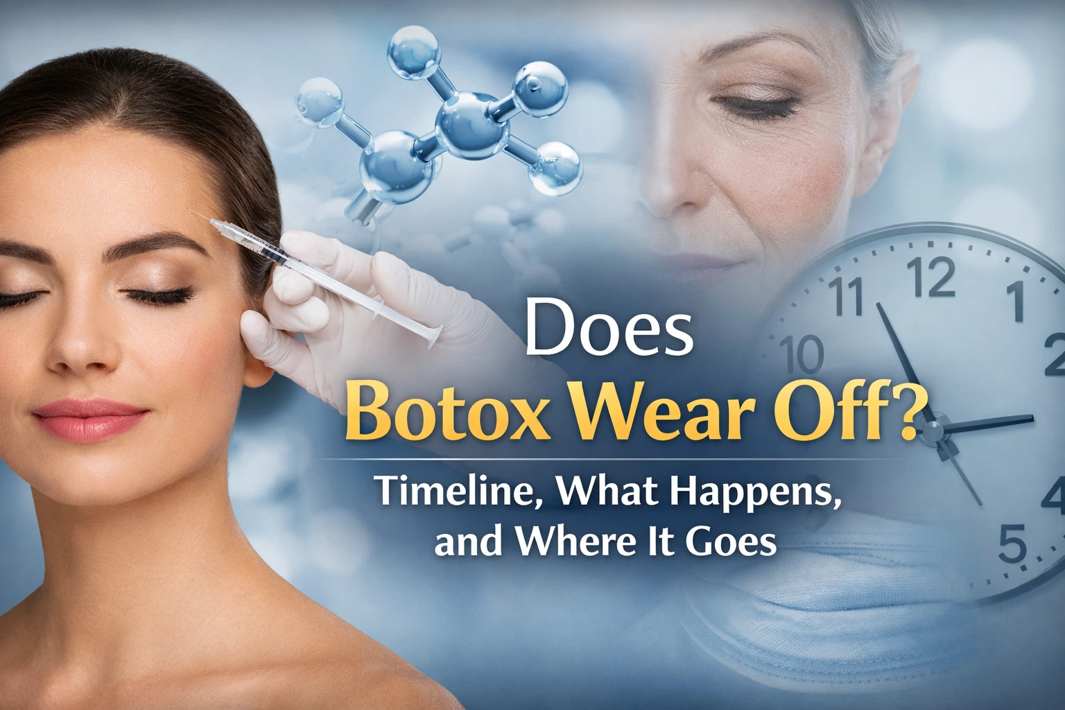 Horizontal featured image showing a close-up of a woman’s face with smooth skin and subtle facial expression, alongside a timeline graphic illustrating Botox wearing off over time, with overlay text “Does Botox Wear Off? Timeline, What Happens, and Where It Goes”.